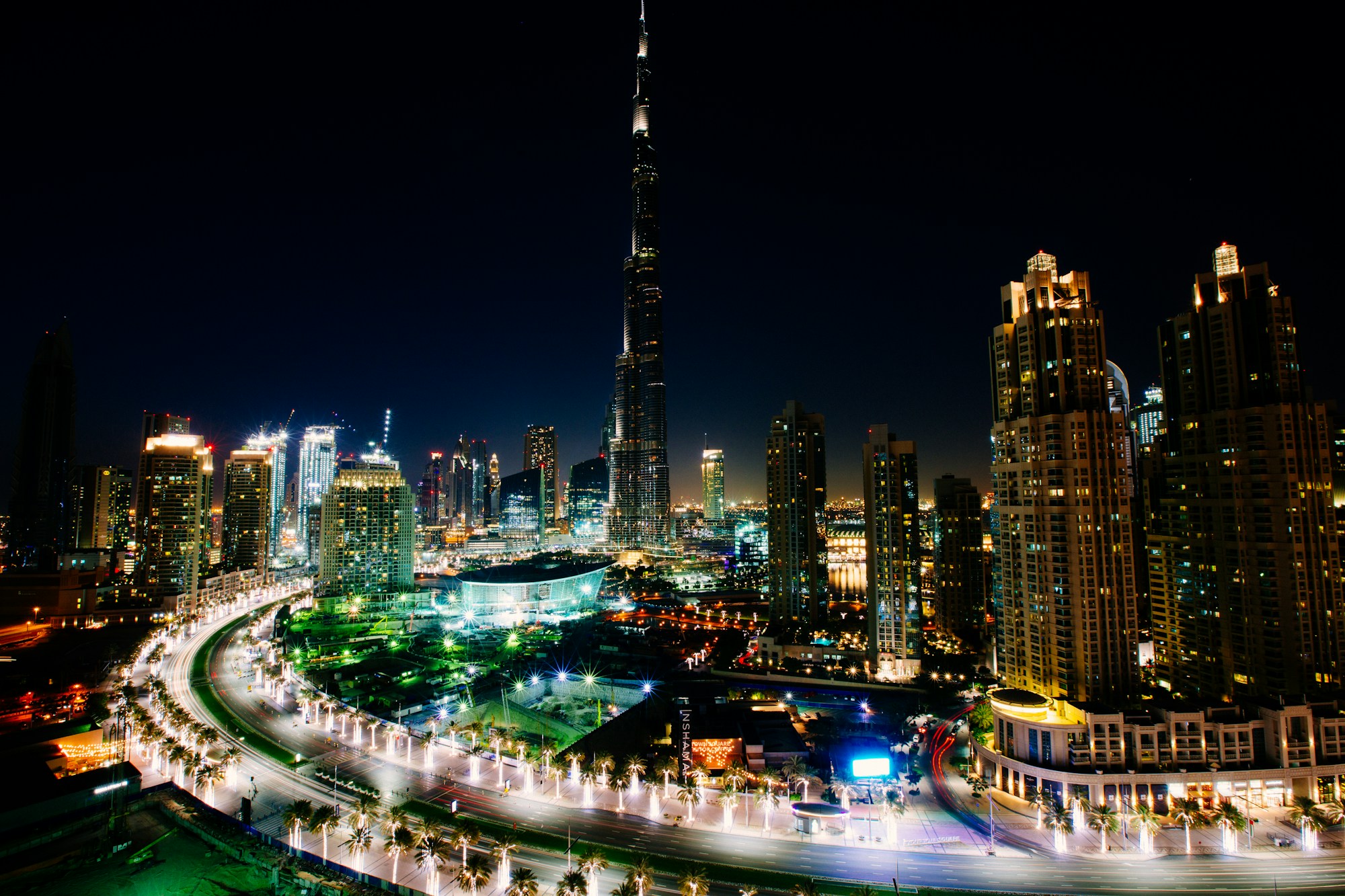Burj Khalifa and the Dubai skyline at night